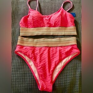 Cupshe Bright Pink Women’s Two-Piece Swim Set with Striped Waistband w/ gold
